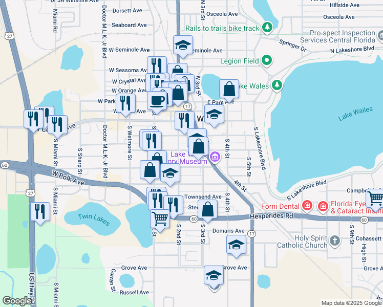 map of restaurants, bars, coffee shops, grocery stores, and more near 218 East Johnson Avenue in Lake Wales