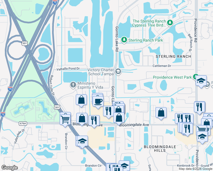 map of restaurants, bars, coffee shops, grocery stores, and more near 2105 Kings Palace Drive in Riverview