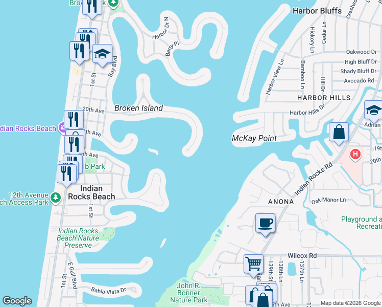 map of restaurants, bars, coffee shops, grocery stores, and more near 540 20th Avenue in Indian Rocks Beach