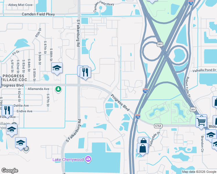 map of restaurants, bars, coffee shops, grocery stores, and more near 9237 Hillcroft Drive in Riverview