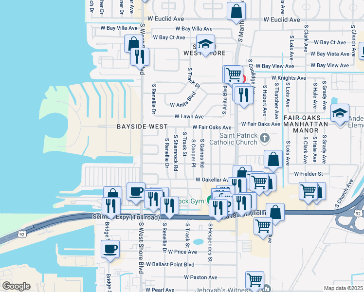 map of restaurants, bars, coffee shops, grocery stores, and more near 4515 South Trask Street in Tampa