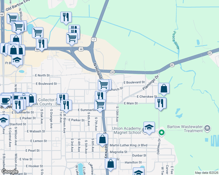 map of restaurants, bars, coffee shops, grocery stores, and more near 1435 East Church Street in Bartow