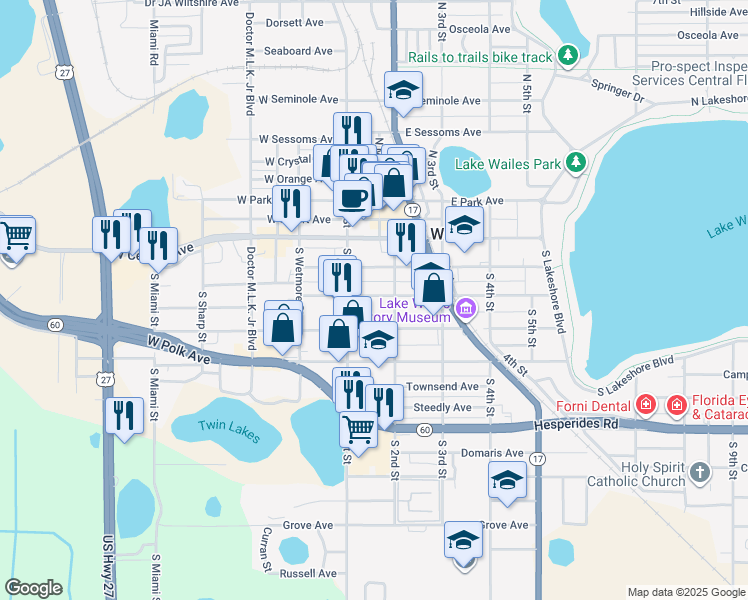 map of restaurants, bars, coffee shops, grocery stores, and more near 224 South 2nd Street in Lake Wales