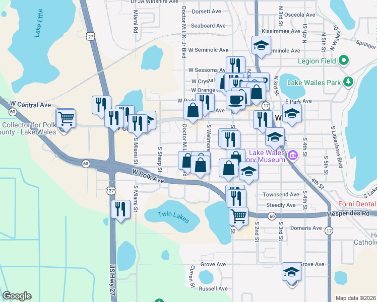 map of restaurants, bars, coffee shops, grocery stores, and more near 209 Weaver Avenue in Lake Wales