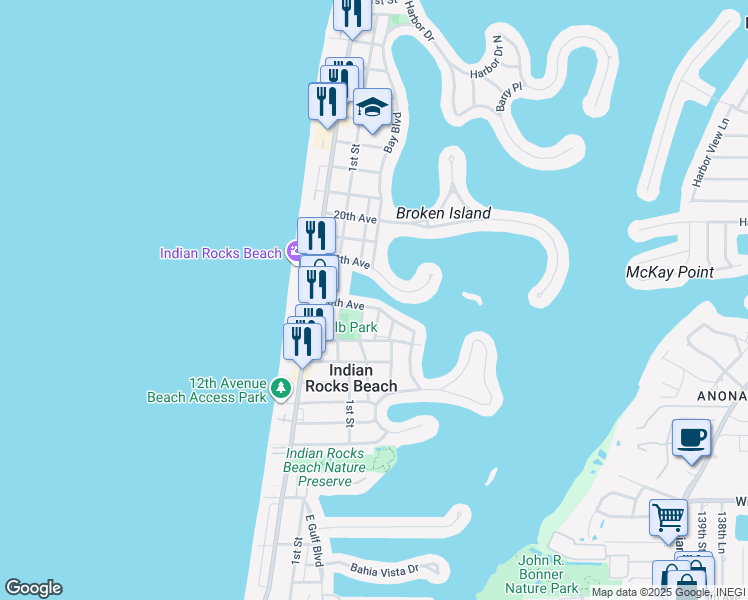 map of restaurants, bars, coffee shops, grocery stores, and more near 302 16th Avenue in Indian Rocks Beach
