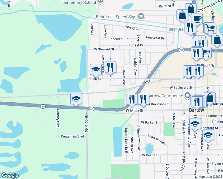 map of restaurants, bars, coffee shops, grocery stores, and more near 430 North Gordon Avenue in Bartow