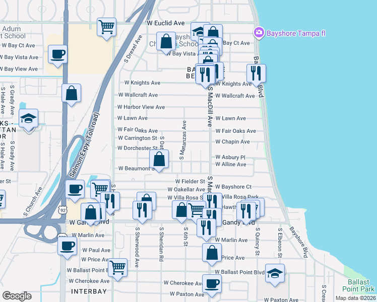map of restaurants, bars, coffee shops, grocery stores, and more near 4607 South Esperanza Avenue in Tampa