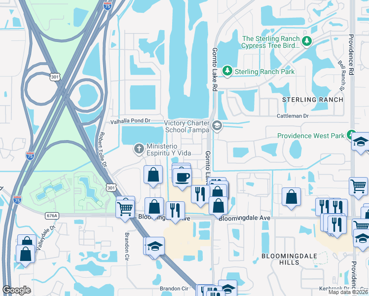 map of restaurants, bars, coffee shops, grocery stores, and more near 2103 Wild Grape Place in Riverview