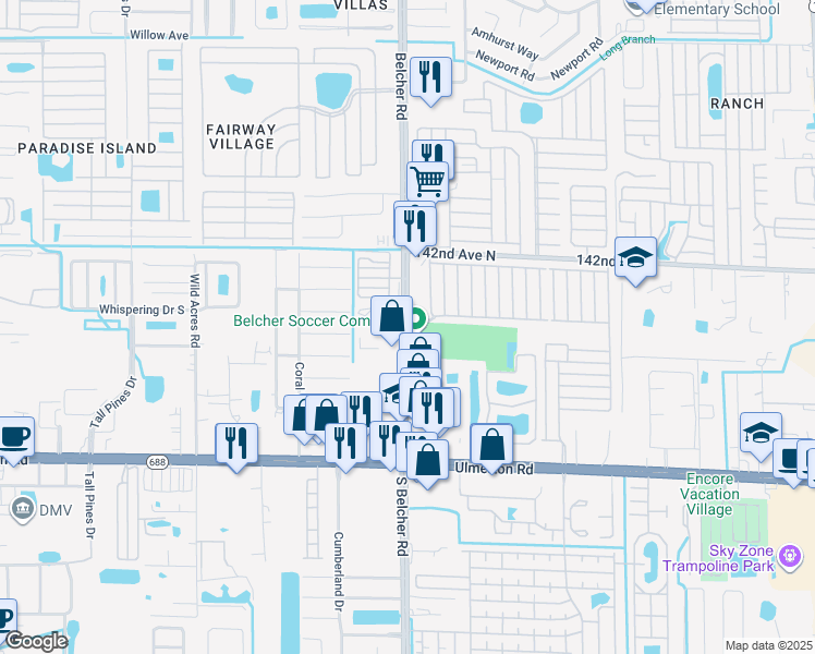 map of restaurants, bars, coffee shops, grocery stores, and more near 1839 Belcher Road in Largo