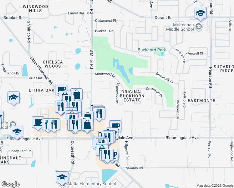 map of restaurants, bars, coffee shops, grocery stores, and more near 2541 Arborwood Drive in Valrico