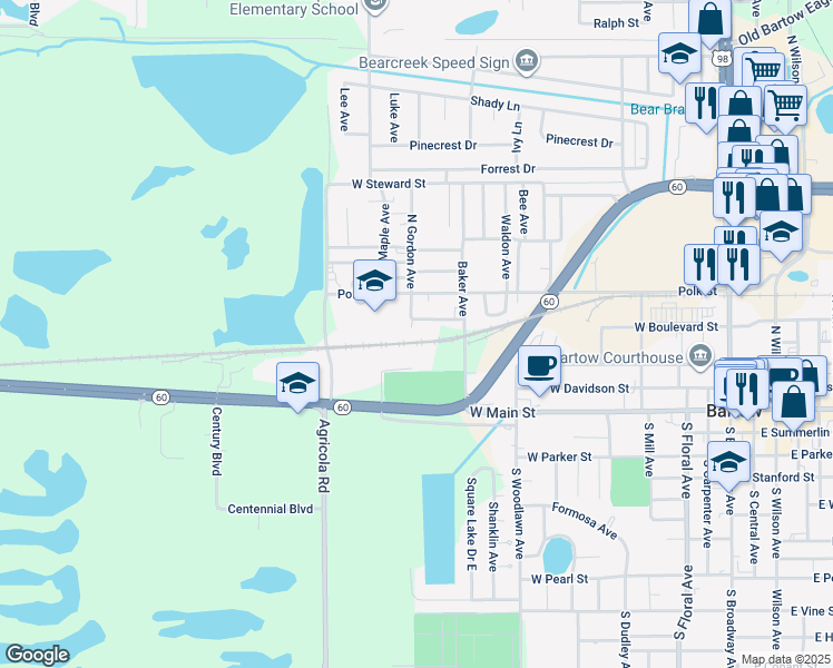 map of restaurants, bars, coffee shops, grocery stores, and more near 430 North Gordon Avenue in Bartow