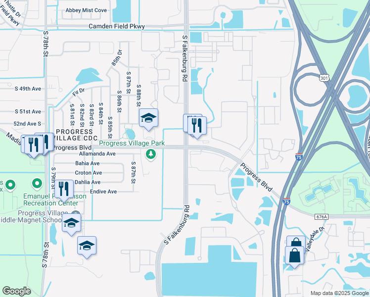 map of restaurants, bars, coffee shops, grocery stores, and more near South Falkenburg Road & Progress Boulevard in Tampa