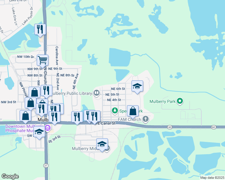 map of restaurants, bars, coffee shops, grocery stores, and more near 1101 Northeast 6th Street in Mulberry