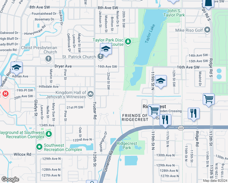 map of restaurants, bars, coffee shops, grocery stores, and more near 2121 20th Avenue Southwest in Largo