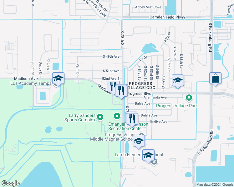 map of restaurants, bars, coffee shops, grocery stores, and more near County Road 676A in Tampa
