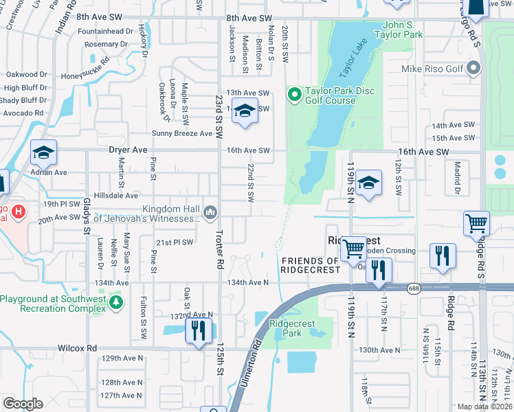map of restaurants, bars, coffee shops, grocery stores, and more near 2121 20th Avenue Southwest in Largo