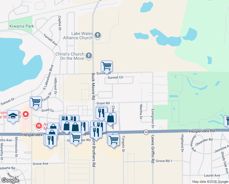 map of restaurants, bars, coffee shops, grocery stores, and more near 2360 Sunset Pointe Drive in Lake Wales