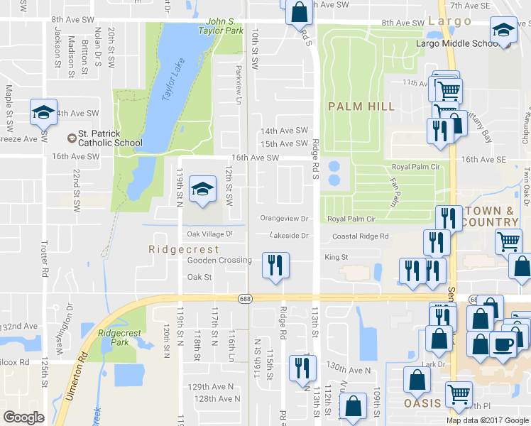 map of restaurants, bars, coffee shops, grocery stores, and more near 940 Orangeview Drive in Largo