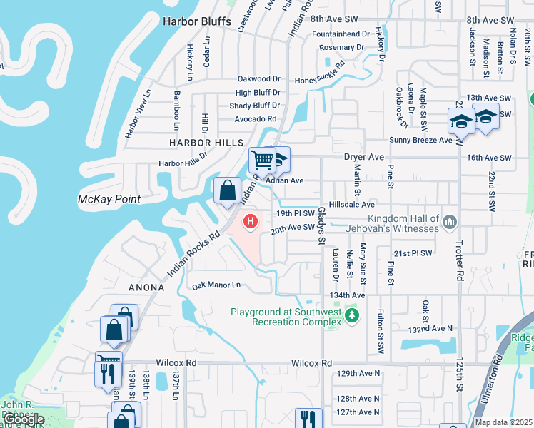 map of restaurants, bars, coffee shops, grocery stores, and more near 2025 Indian Rocks Road in Largo