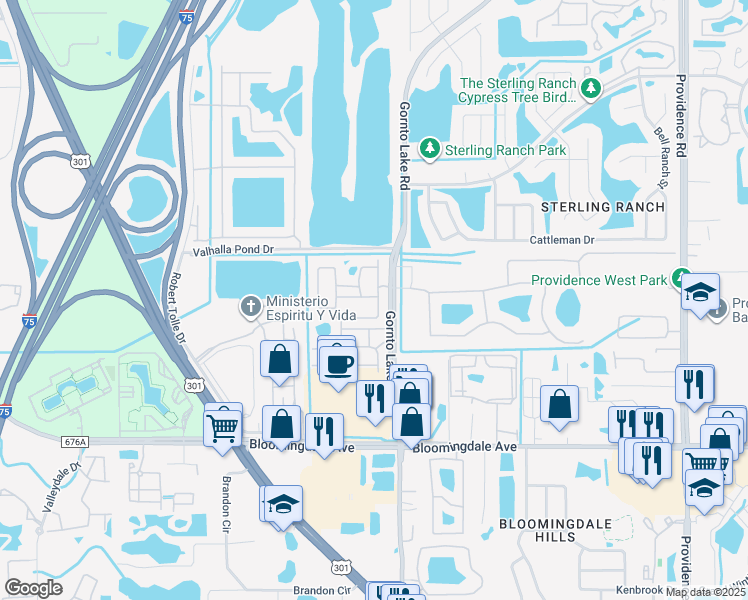 map of restaurants, bars, coffee shops, grocery stores, and more near 2073 Kings Palace Drive in Riverview