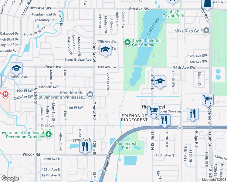 map of restaurants, bars, coffee shops, grocery stores, and more near 2121 20th Avenue Southwest in Largo