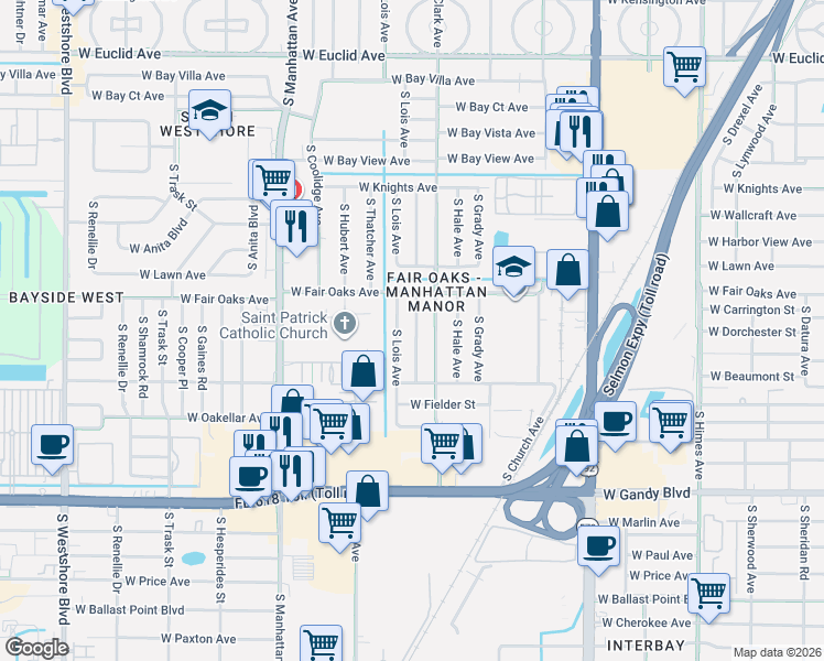 map of restaurants, bars, coffee shops, grocery stores, and more near 4505 South Cameron Avenue in Tampa