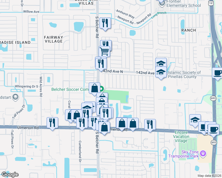 map of restaurants, bars, coffee shops, grocery stores, and more near 1501B South Belcher Road in Largo