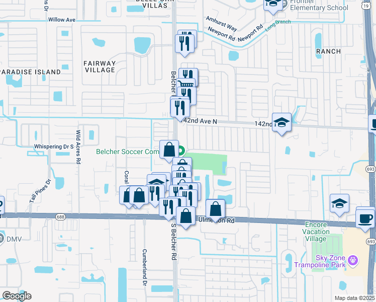 map of restaurants, bars, coffee shops, grocery stores, and more near 1501B South Belcher Road in Largo