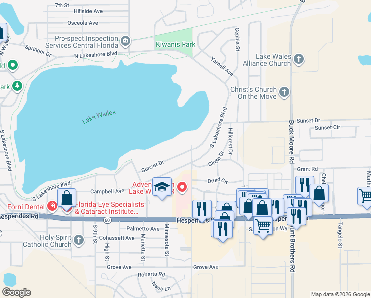 map of restaurants, bars, coffee shops, grocery stores, and more near 1053 Sunset Drive in Lake Wales