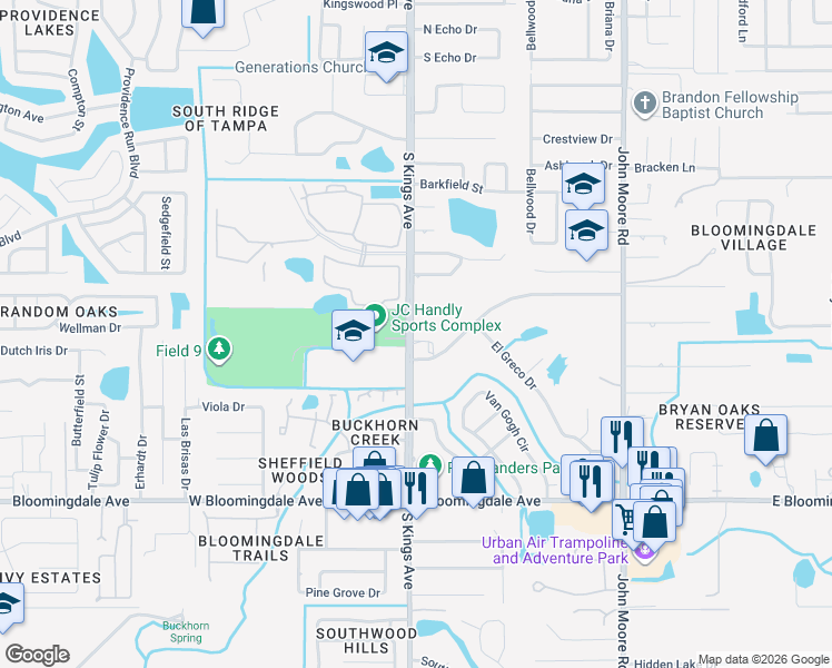 map of restaurants, bars, coffee shops, grocery stores, and more near 3003 South Kings Avenue in Brandon