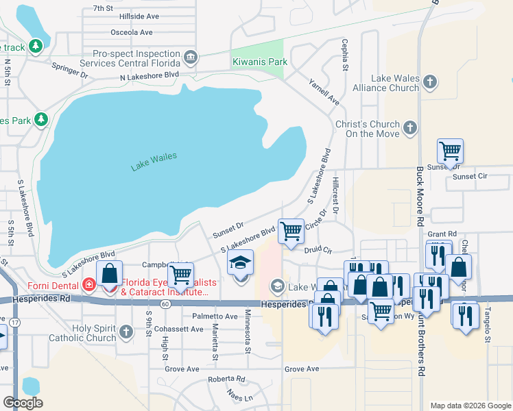 map of restaurants, bars, coffee shops, grocery stores, and more near 1041 Sunset Drive in Lake Wales