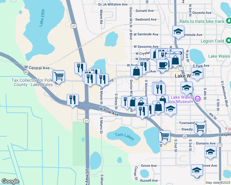 map of restaurants, bars, coffee shops, grocery stores, and more near 200 South Sharp Street in Lake Wales