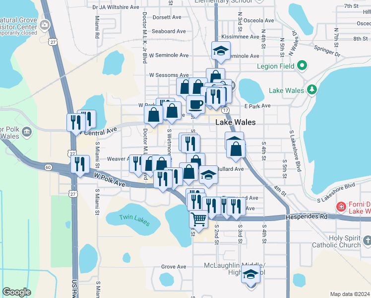 map of restaurants, bars, coffee shops, grocery stores, and more near 14 West Johnson Avenue in Lake Wales
