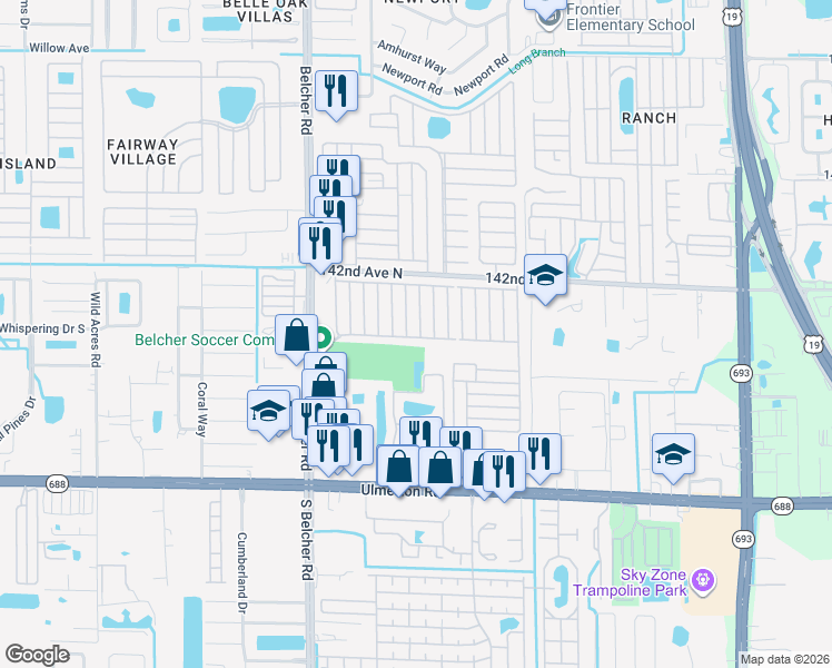 map of restaurants, bars, coffee shops, grocery stores, and more near 14099 South Belcher Road in Largo