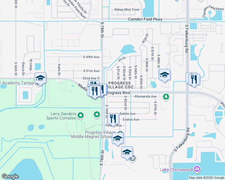 map of restaurants, bars, coffee shops, grocery stores, and more near 5209 South 81st Street in Tampa