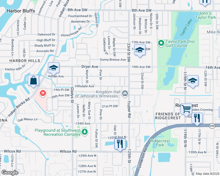 map of restaurants, bars, coffee shops, grocery stores, and more near 2672 Hillsdale Avenue in Largo