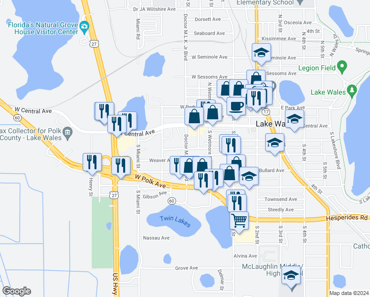map of restaurants, bars, coffee shops, grocery stores, and more near 200 Briggs Avenue in Lake Wales