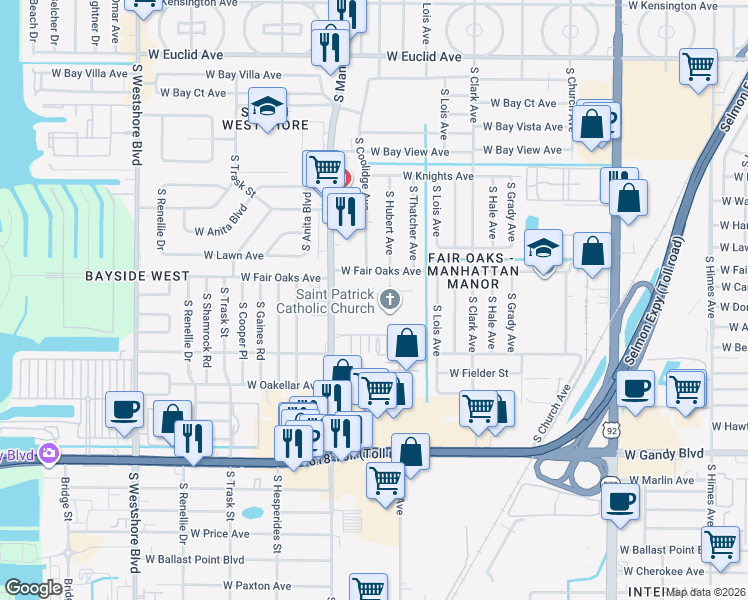 map of restaurants, bars, coffee shops, grocery stores, and more near 4304 West Fair Oaks Avenue in Tampa