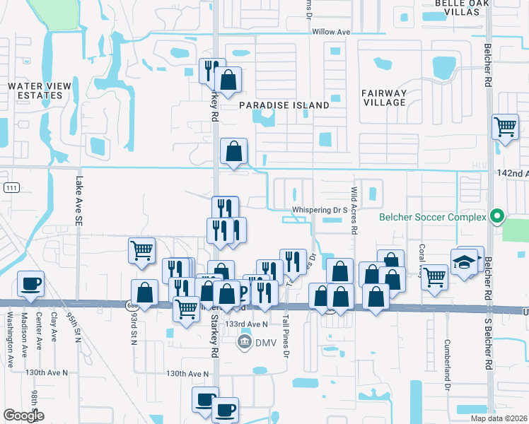 map of restaurants, bars, coffee shops, grocery stores, and more near 8771 Christie Drive in Largo