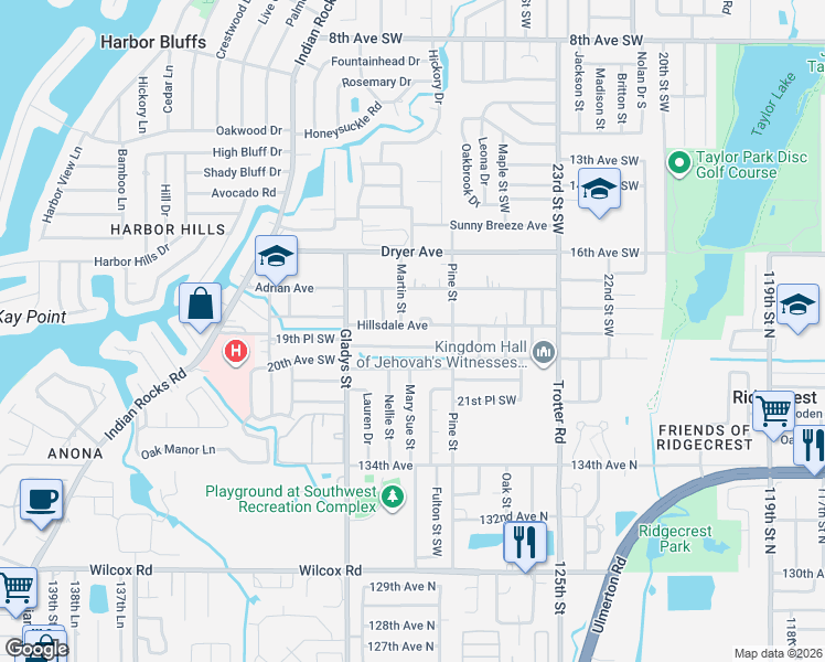 map of restaurants, bars, coffee shops, grocery stores, and more near 1818 Martin Street in Largo
