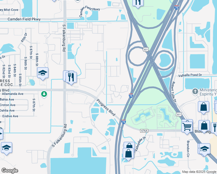 map of restaurants, bars, coffee shops, grocery stores, and more near 9315 Cerulean Drive in Riverview