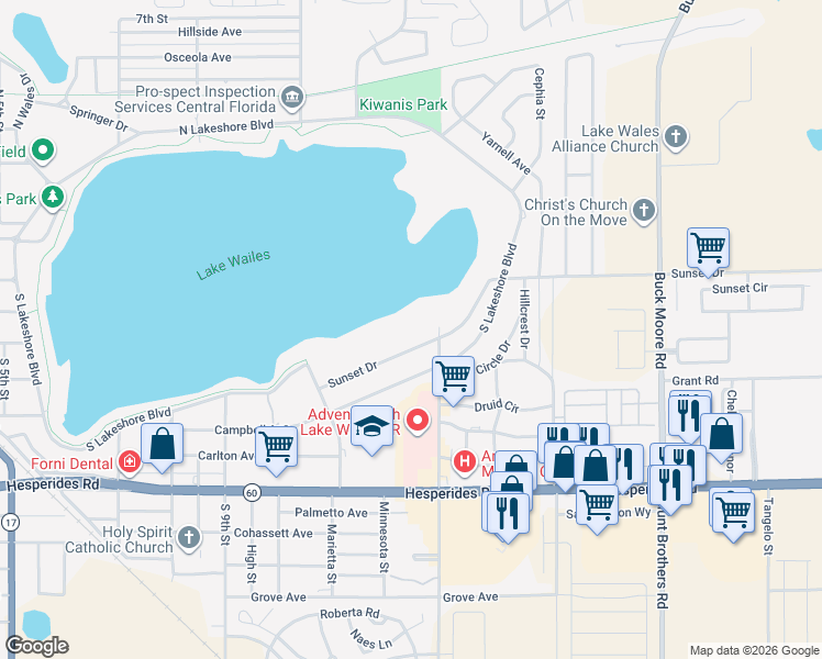 map of restaurants, bars, coffee shops, grocery stores, and more near 1053 Sunset Drive in Lake Wales