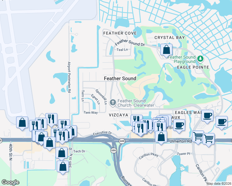 map of restaurants, bars, coffee shops, grocery stores, and more near 2943 Whisper Lane North in Clearwater