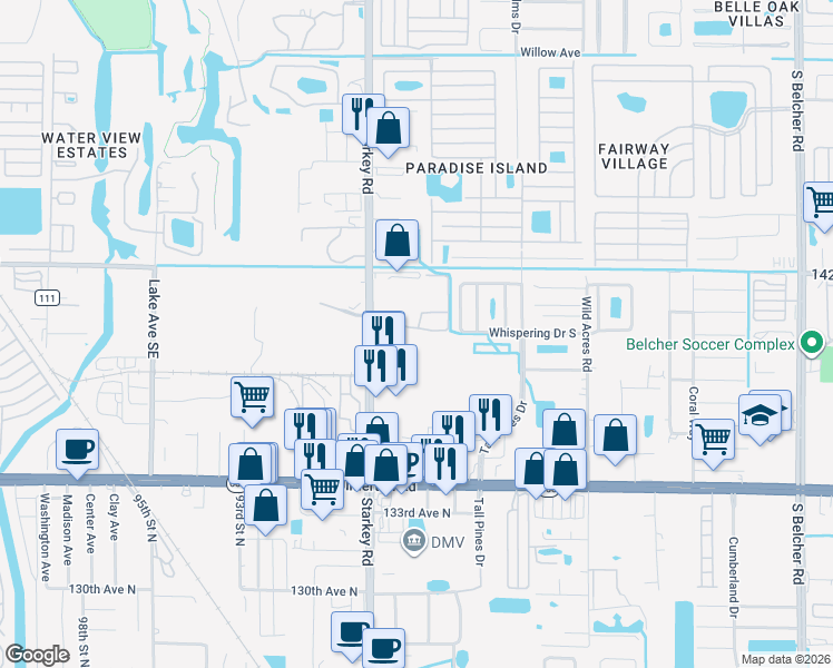 map of restaurants, bars, coffee shops, grocery stores, and more near 8850 Christie Drive in Largo