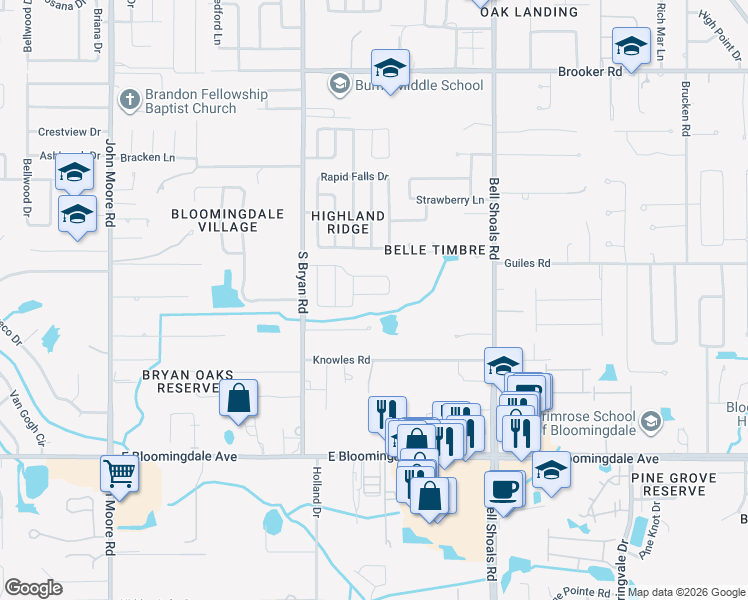 map of restaurants, bars, coffee shops, grocery stores, and more near 548 Oak Creek Drive in Brandon