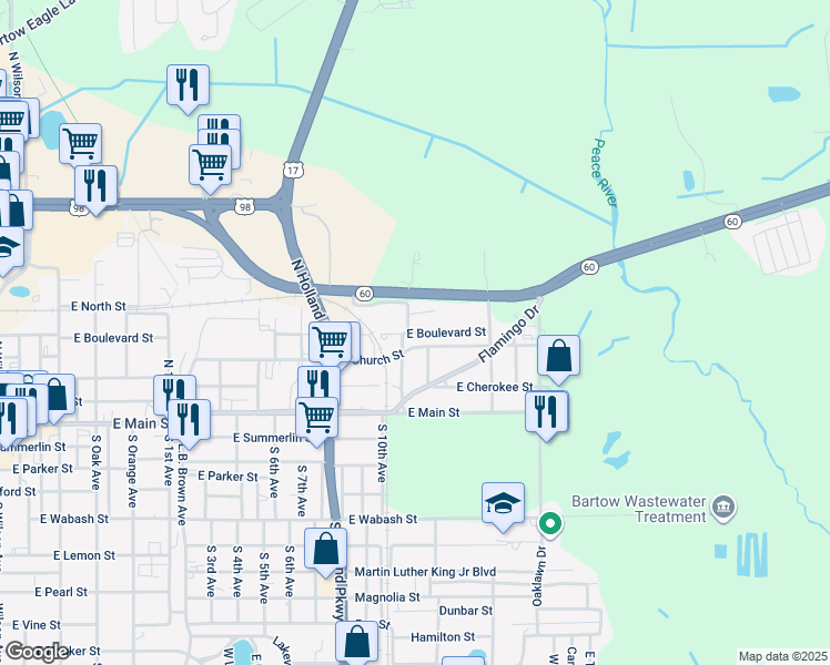 map of restaurants, bars, coffee shops, grocery stores, and more near 1925 Tripaul Court in Bartow