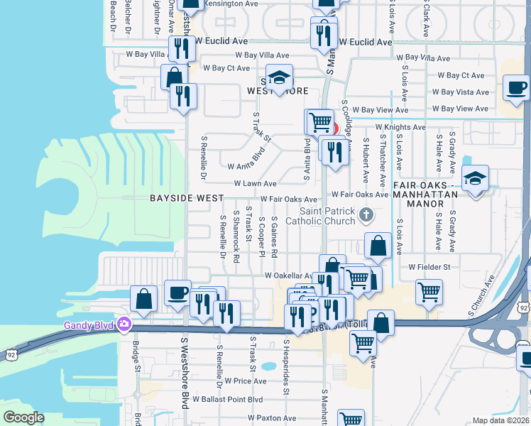 map of restaurants, bars, coffee shops, grocery stores, and more near 4503 South Cooper Place in Tampa
