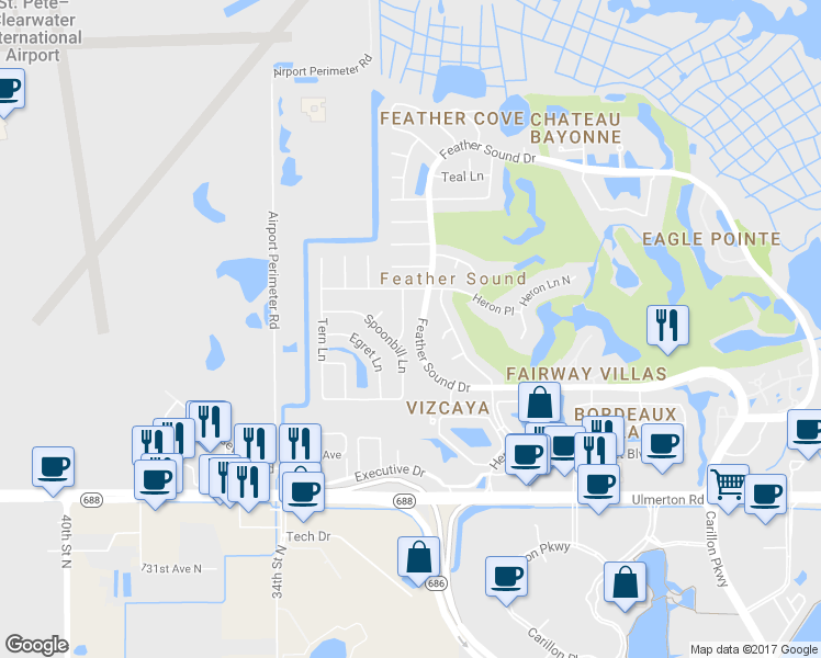 map of restaurants, bars, coffee shops, grocery stores, and more near 14047 Crane Terrace in Clearwater