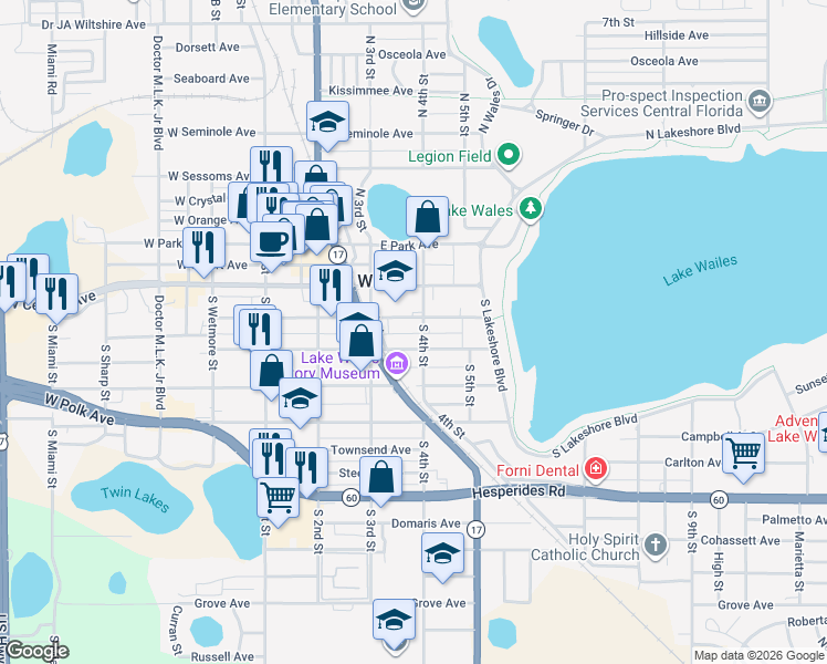 map of restaurants, bars, coffee shops, grocery stores, and more near 342 East Tillman Avenue in Lake Wales