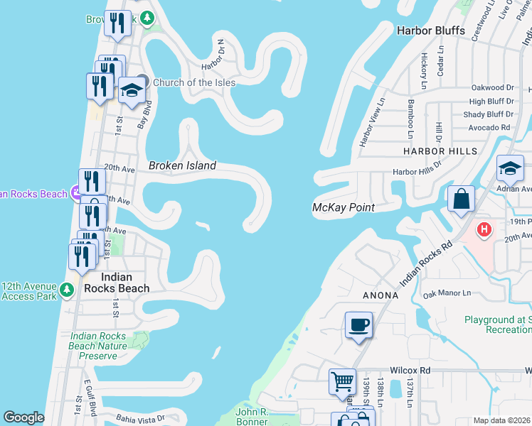map of restaurants, bars, coffee shops, grocery stores, and more near 526 20th Avenue in Indian Rocks Beach